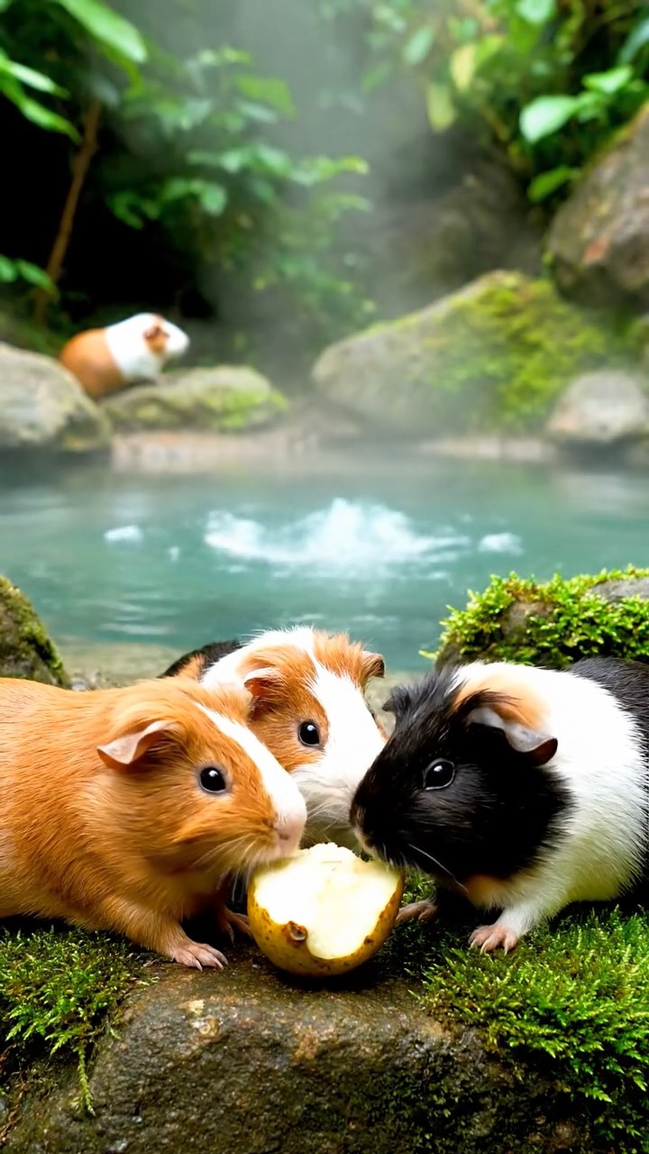 847. Highly detailed view of 2 smooth-haired Himalayan guinea pigs with Fawn and Sable fur, dressed as musicians in tiny vests, playing miniature drums in a guinea pig concert hall with hay seats and velvet curtains, under warm spotlights, creating a realistic, elegant scene.