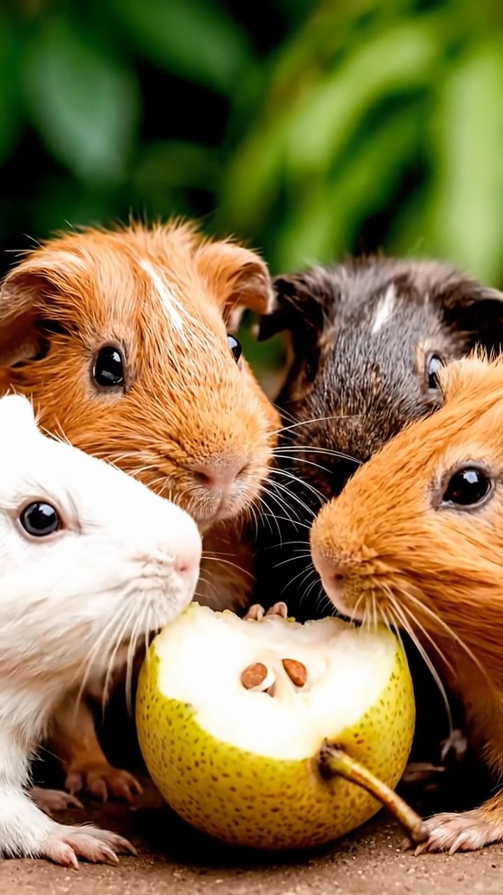 847. Highly detailed view of 2 smooth-haired Himalayan guinea pigs with Fawn and Sable fur, dressed as musicians in tiny vests, playing miniature drums in a guinea pig concert hall with hay seats and velvet curtains, under warm spotlights, creating a realistic, elegant scene.