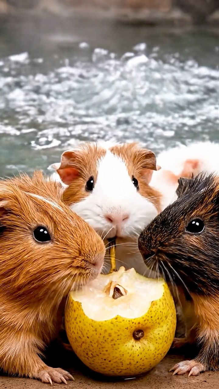 847. Highly detailed view of 2 smooth-haired Himalayan guinea pigs with Fawn and Sable fur, dressed as musicians in tiny vests, playing miniature drums in a guinea pig concert hall with hay seats and velvet curtains, under warm spotlights, creating a realistic, elegant scene.