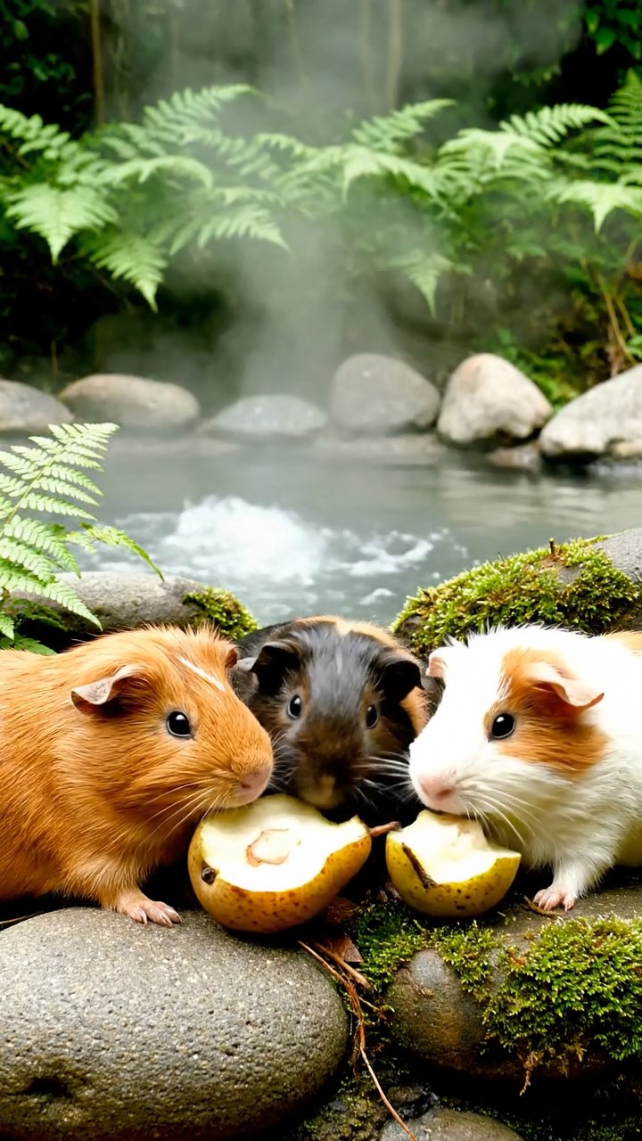 847. Highly detailed view of 2 smooth-haired Himalayan guinea pigs with Fawn and Sable fur, dressed as musicians in tiny vests, playing miniature drums in a guinea pig concert hall with hay seats and velvet curtains, under warm spotlights, creating a realistic, elegant scene.