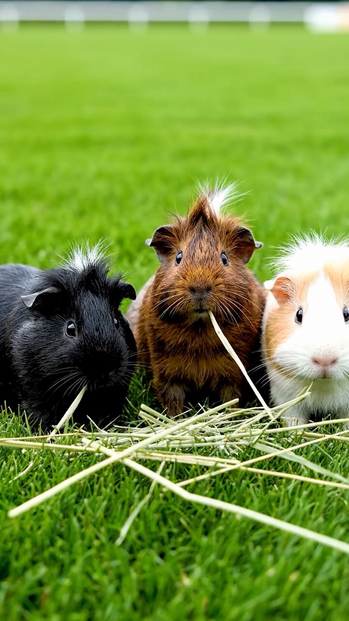 849. Detailed photo of 4 smooth-haired American guinea pigs with White, Orange, Black, and Brown fur, dressed as doctors in tiny white coats, consulting charts in a guinea pig hospital with miniature beds and medical charts, under bright lights, creating a vivid, lifelike medical scene.