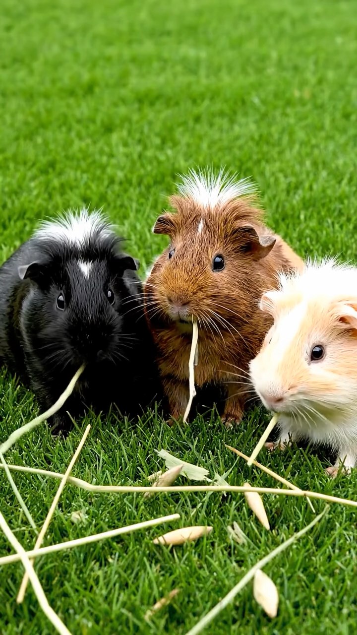 849. Detailed photo of 4 smooth-haired American guinea pigs with White, Orange, Black, and Brown fur, dressed as doctors in tiny white coats, consulting charts in a guinea pig hospital with miniature beds and medical charts, under bright lights, creating a vivid, lifelike medical scene.