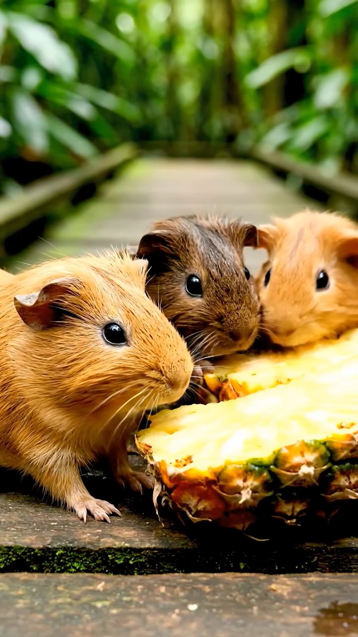 850. Photorealistic scene of 5 smooth-haired Teddy guinea pigs with Cream, Fawn, Sable, Gray, and Cinnamon fur, play-fighting in a grassy clearing with soft moss and scattered twigs, under gentle morning light, capturing a realistic, playful woodland moment.