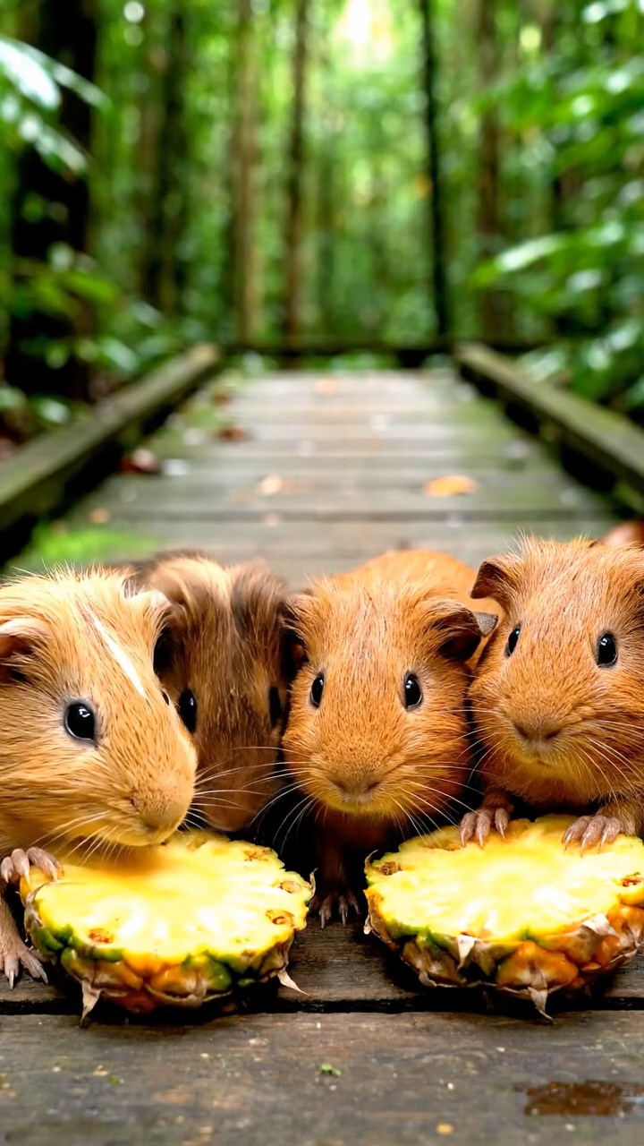 850. Photorealistic scene of 5 smooth-haired Teddy guinea pigs with Cream, Fawn, Sable, Gray, and Cinnamon fur, play-fighting in a grassy clearing with soft moss and scattered twigs, under gentle morning light, capturing a realistic, playful woodland moment.