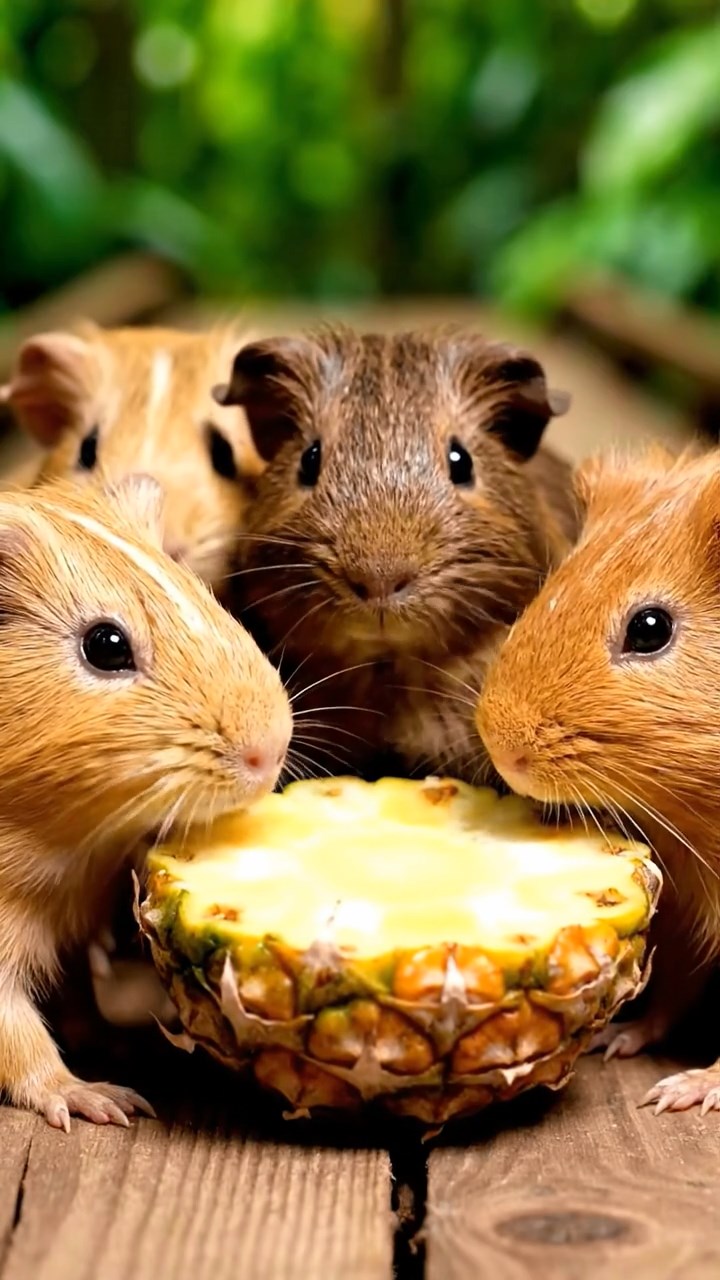 850. Photorealistic scene of 5 smooth-haired Teddy guinea pigs with Cream, Fawn, Sable, Gray, and Cinnamon fur, play-fighting in a grassy clearing with soft moss and scattered twigs, under gentle morning light, capturing a realistic, playful woodland moment.