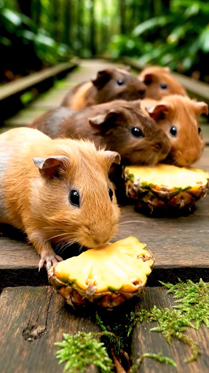 850. Photorealistic scene of 5 smooth-haired Teddy guinea pigs with Cream, Fawn, Sable, Gray, and Cinnamon fur, play-fighting in a grassy clearing with soft moss and scattered twigs, under gentle morning light, capturing a realistic, playful woodland moment.