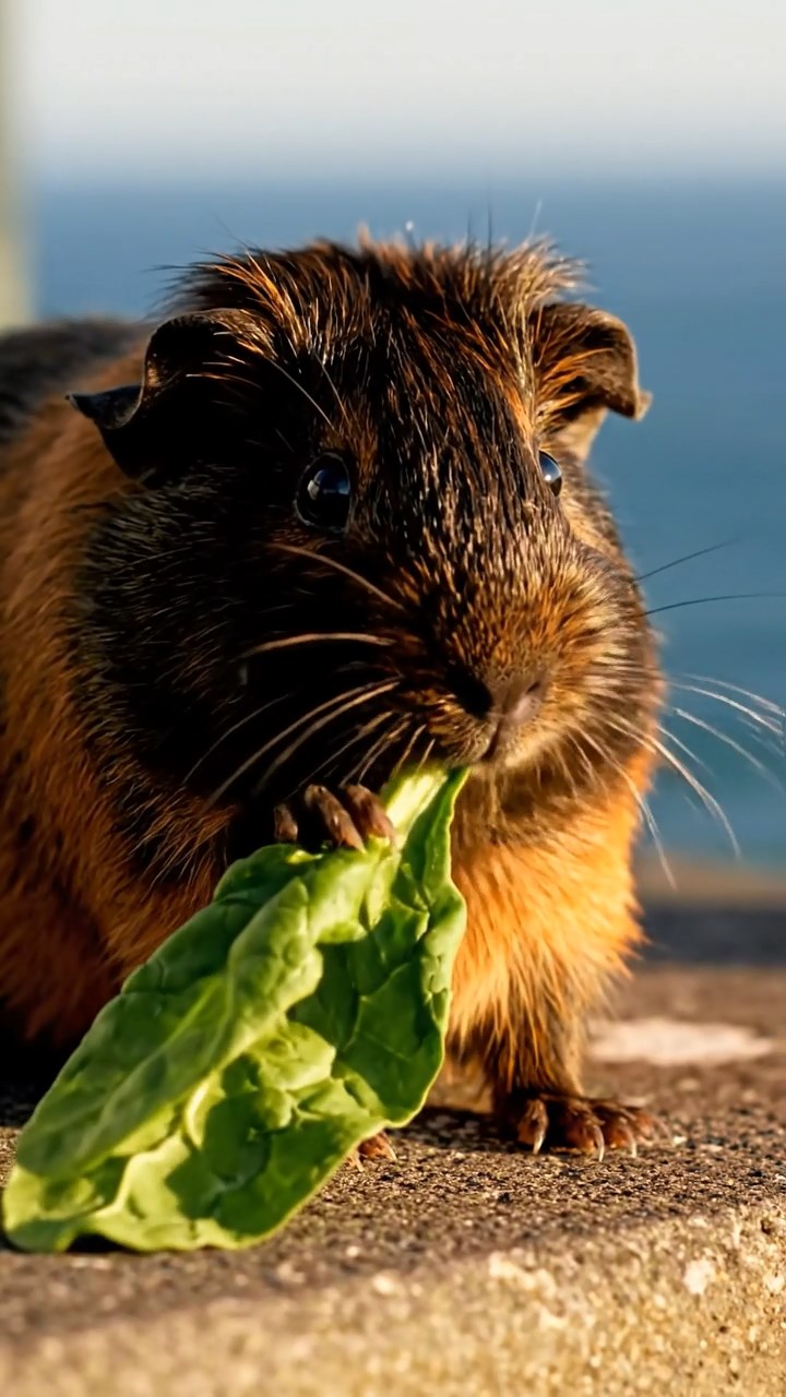 851. Highly detailed view of 1 smooth-haired Himalayan guinea pig with White fur, munching on bell peppers, in a vibrant vegetable garden with rows of tomatoes and lettuce, under bright sunlight, creating a realistic, colorful rural scene.