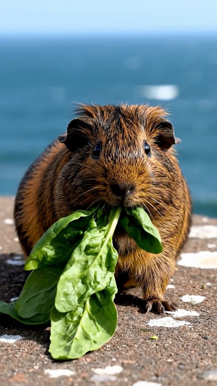 851. Highly detailed view of 1 smooth-haired Himalayan guinea pig with White fur, munching on bell peppers, in a vibrant vegetable garden with rows of tomatoes and lettuce, under bright sunlight, creating a realistic, colorful rural scene.