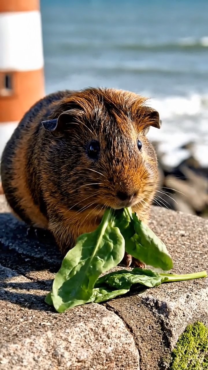 851. Highly detailed view of 1 smooth-haired Himalayan guinea pig with White fur, munching on bell peppers, in a vibrant vegetable garden with rows of tomatoes and lettuce, under bright sunlight, creating a realistic, colorful rural scene.