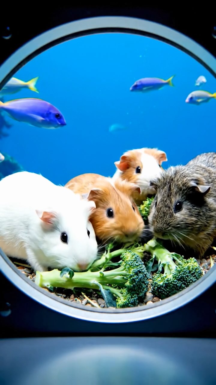 852. Realistic scene of 2 smooth-haired Californian guinea pigs with Orange and Black fur, dressed as tailors in tiny vests, sewing miniature shirts in a guinea pig atelier with colorful fabrics and hay mannequins, under warm lamplight, enhancing the lifelike, creative atmosphere.