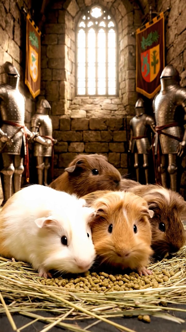 854. Photorealistic scene of 4 smooth-haired Teddy guinea pigs with Fawn, Chocolate, Cinnamon, and Sable fur, dressed as librarians in tiny glasses, cataloging miniature books in a guinea pig library with hay shelves and soft lamplight, capturing a realistic, cozy moment.