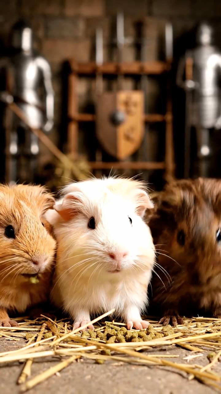 854. Photorealistic scene of 4 smooth-haired Teddy guinea pigs with Fawn, Chocolate, Cinnamon, and Sable fur, dressed as librarians in tiny glasses, cataloging miniature books in a guinea pig library with hay shelves and soft lamplight, capturing a realistic, cozy moment.