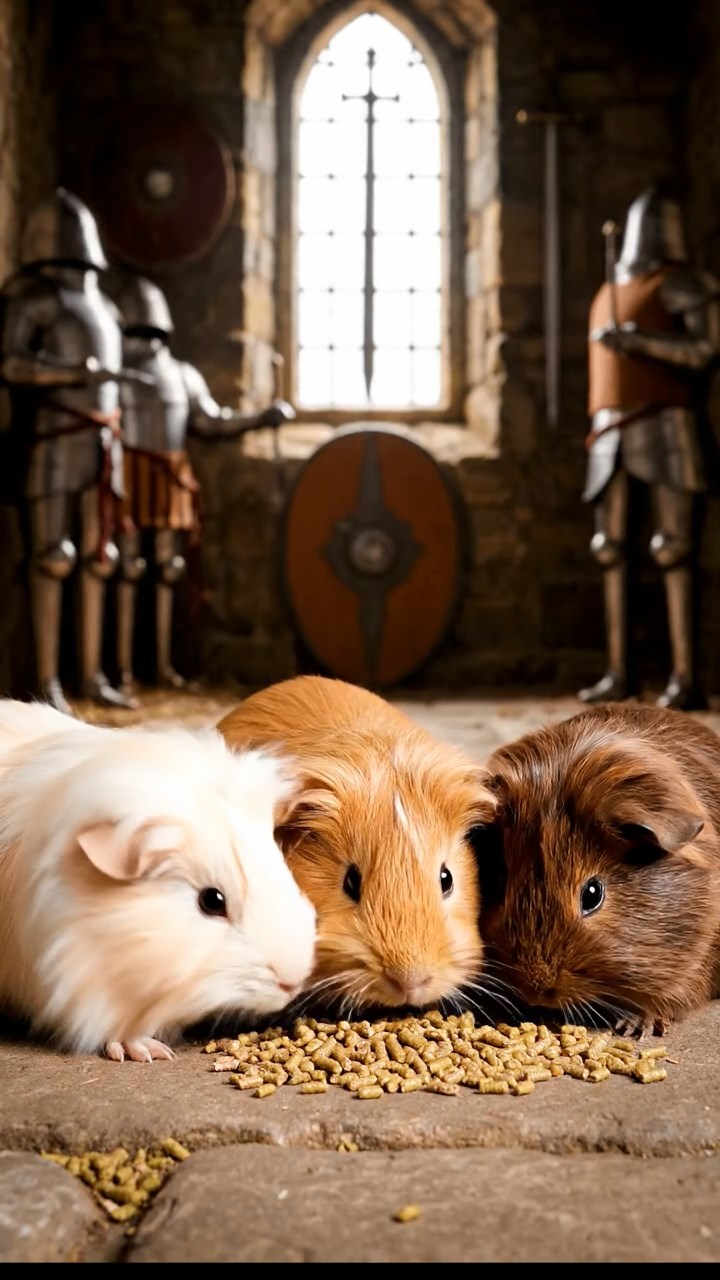 854. Photorealistic scene of 4 smooth-haired Teddy guinea pigs with Fawn, Chocolate, Cinnamon, and Sable fur, dressed as librarians in tiny glasses, cataloging miniature books in a guinea pig library with hay shelves and soft lamplight, capturing a realistic, cozy moment.