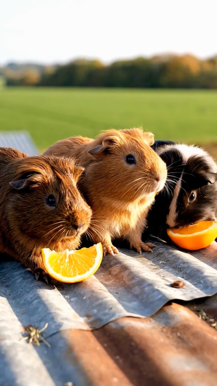 1067. Realistic photo of 2 smooth-haired Rex guinea pigs with fawn and chocolate fur, sharing zucchini spirals, inside a scenic Swiss cable car ascending snowy peaks.