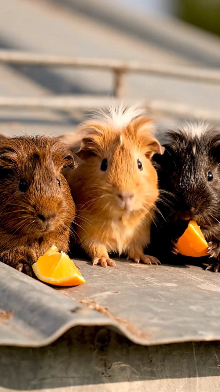 1067. Realistic photo of 2 smooth-haired Rex guinea pigs with fawn and chocolate fur, sharing zucchini spirals, inside a scenic Swiss cable car ascending snowy peaks.