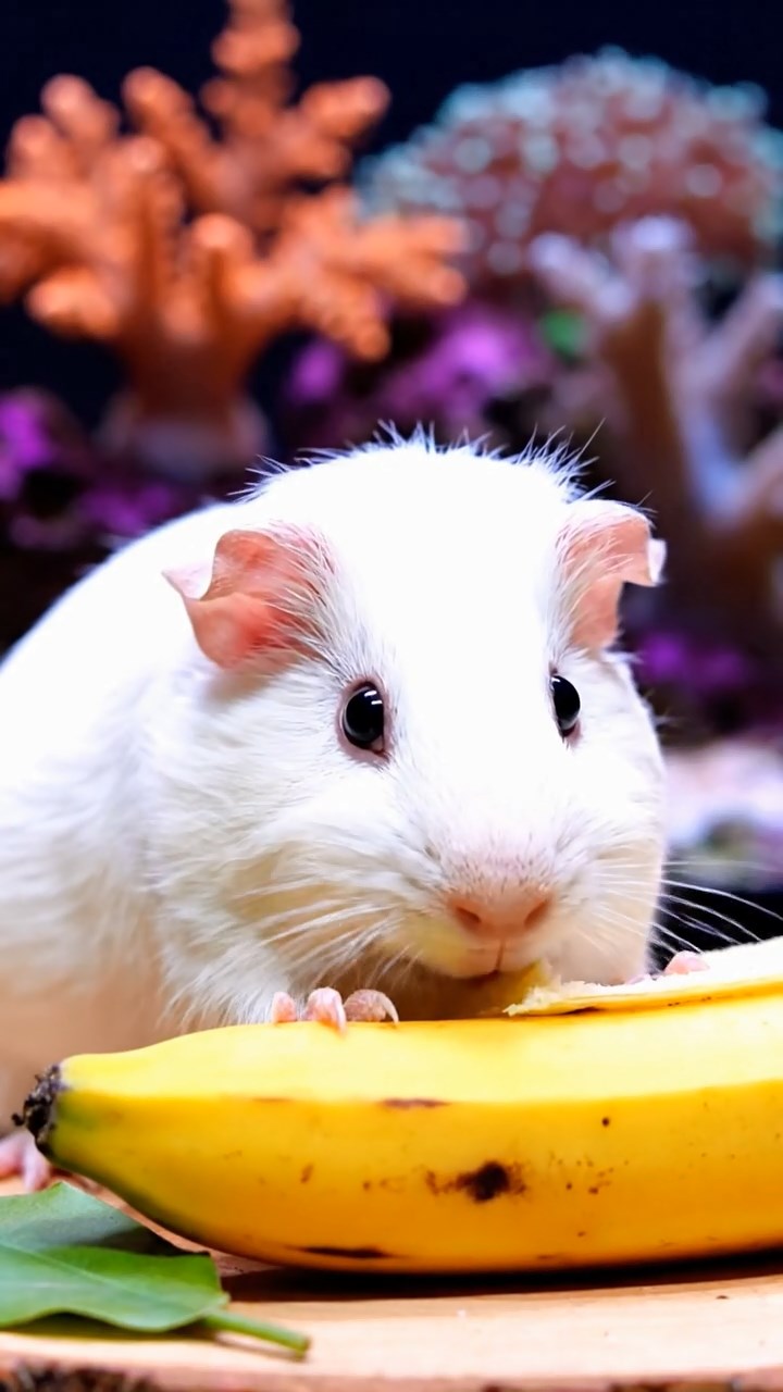 1069. Photorealistic image of 5 smooth-haired White Crested guinea pigs with orange, gray, and black fur, eating alfalfa leaves, on a sunny beach volleyball court with nets and balls.
