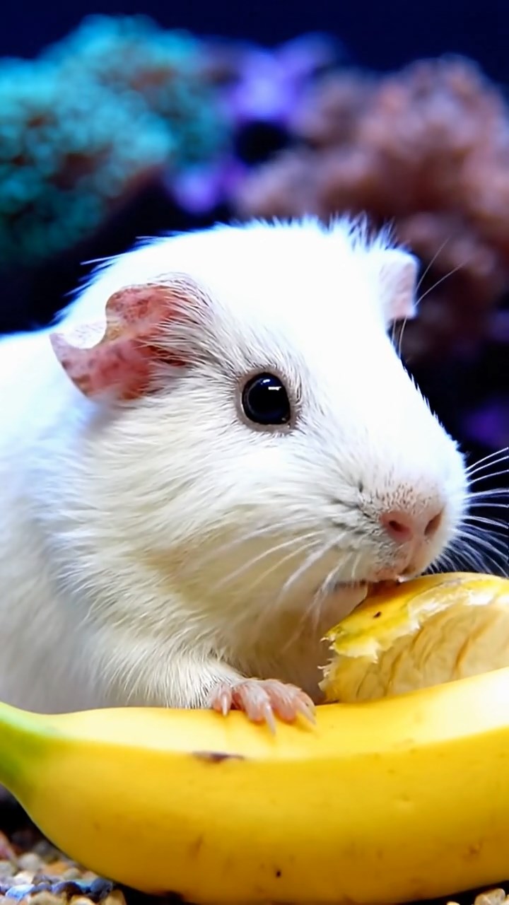 1069. Photorealistic image of 5 smooth-haired White Crested guinea pigs with orange, gray, and black fur, eating alfalfa leaves, on a sunny beach volleyball court with nets and balls.