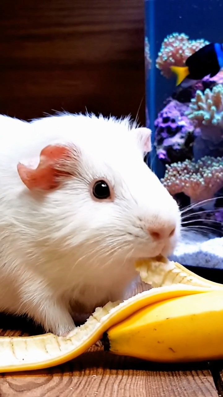 1069. Photorealistic image of 5 smooth-haired White Crested guinea pigs with orange, gray, and black fur, eating alfalfa leaves, on a sunny beach volleyball court with nets and balls.