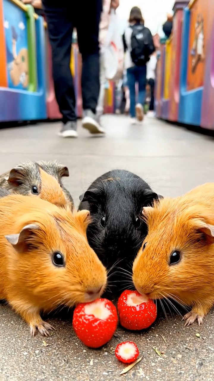 1070. Realistic depiction of 1 smooth-haired Skinny guinea pig with brown fur, nibbling on grape stems, atop a contemporary art gallery pedestal displaying sculptures.