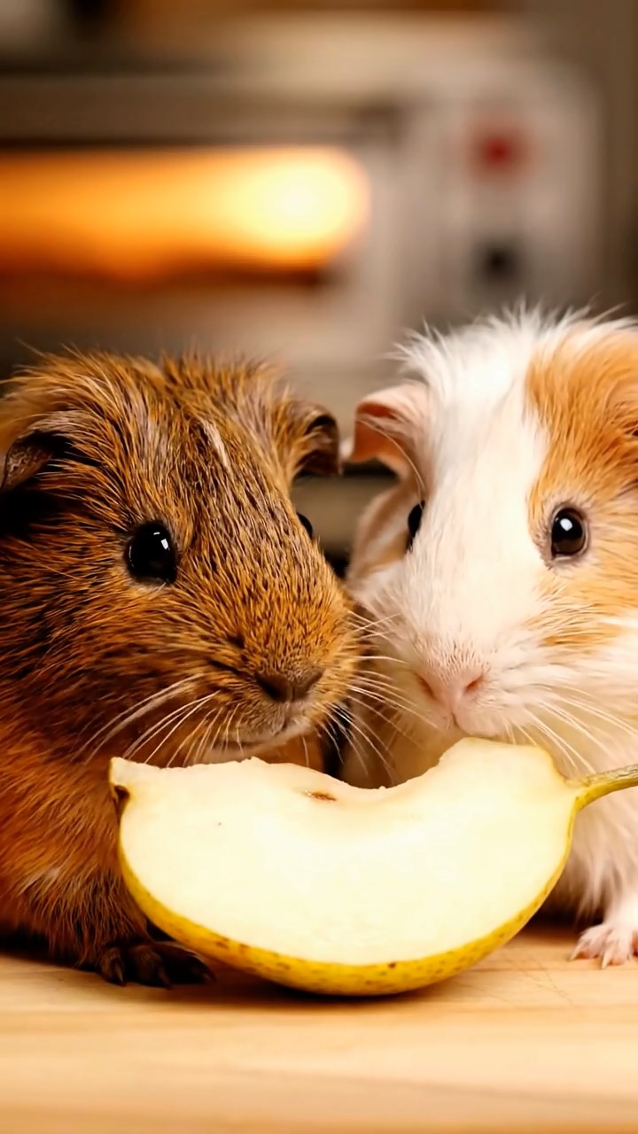 1071. Detailed scene of 4 smooth-haired American guinea pigs featuring cream, fawn, and chocolate coats, chewing on carrot peels, on the upper deck of a Mississippi river cruise boat.