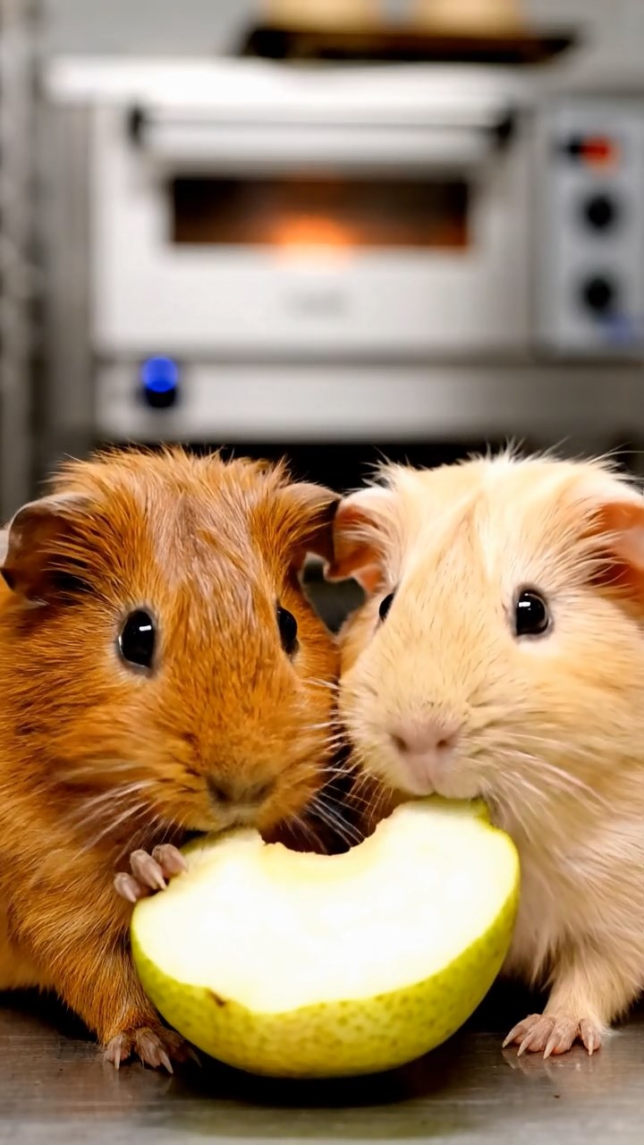 1071. Detailed scene of 4 smooth-haired American guinea pigs featuring cream, fawn, and chocolate coats, chewing on carrot peels, on the upper deck of a Mississippi river cruise boat.