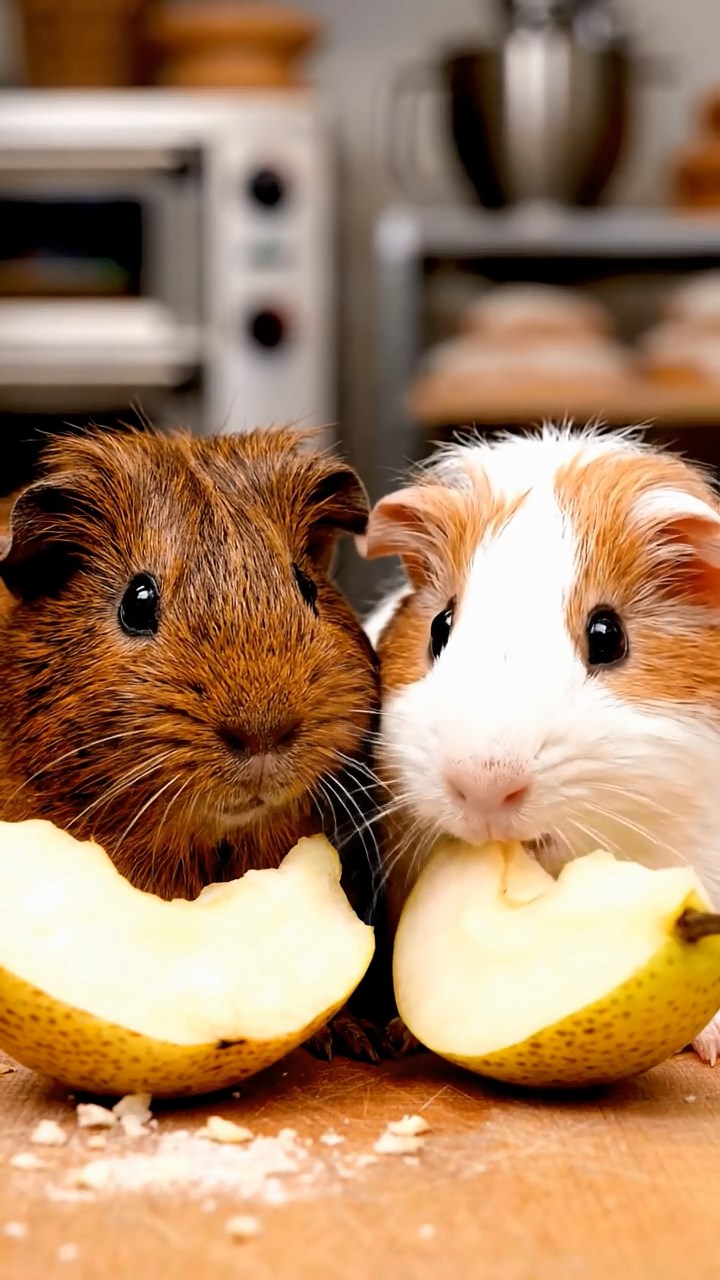 1071. Detailed scene of 4 smooth-haired American guinea pigs featuring cream, fawn, and chocolate coats, chewing on carrot peels, on the upper deck of a Mississippi river cruise boat.
