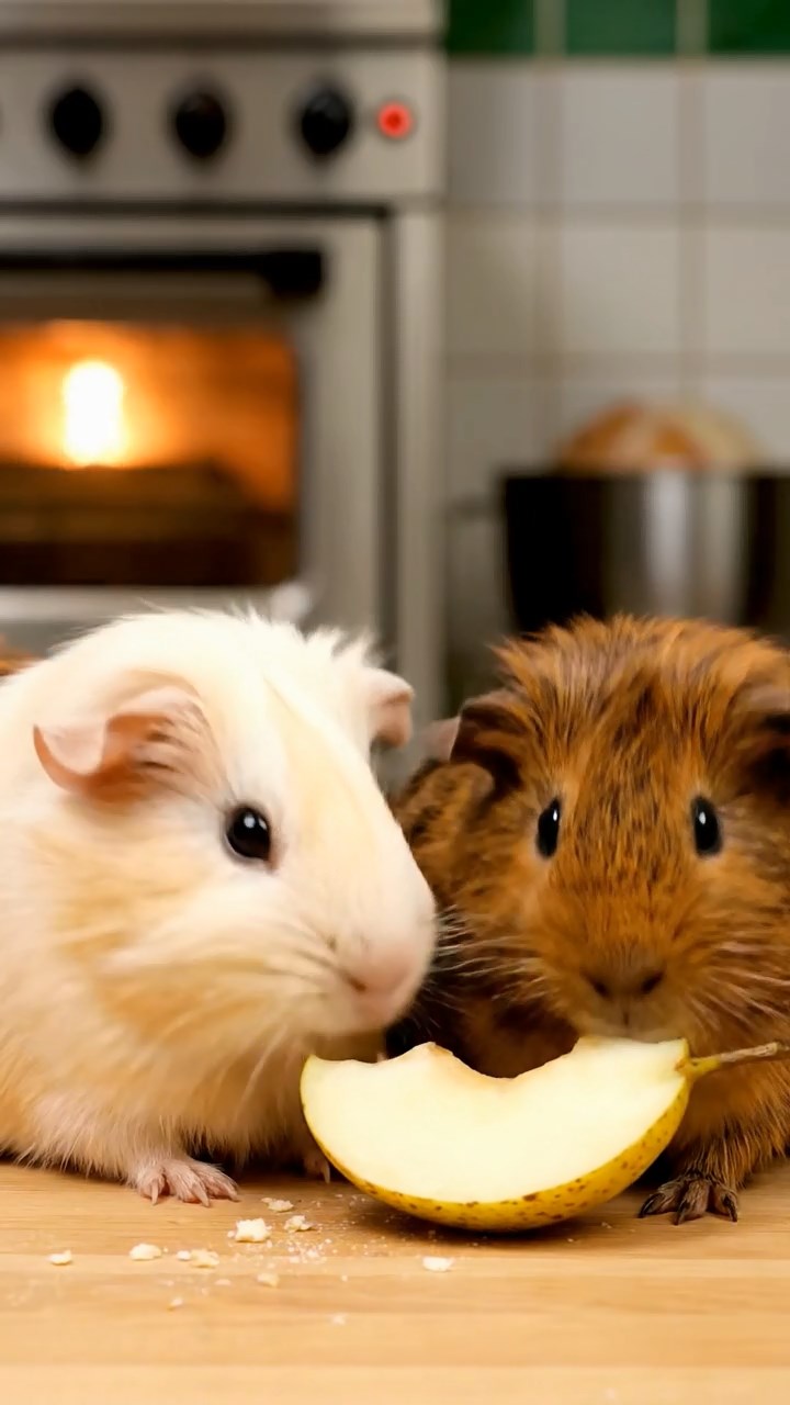 1071. Detailed scene of 4 smooth-haired American guinea pigs featuring cream, fawn, and chocolate coats, chewing on carrot peels, on the upper deck of a Mississippi river cruise boat.