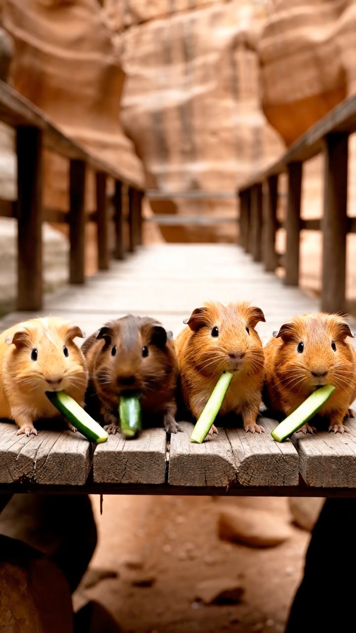 1072. Photorealistic photo of 2 smooth-haired Abyssinian guinea pigs with cinnamon and sable fur, sharing banana slices, inside a ornate Egyptian pyramid burial chamber.