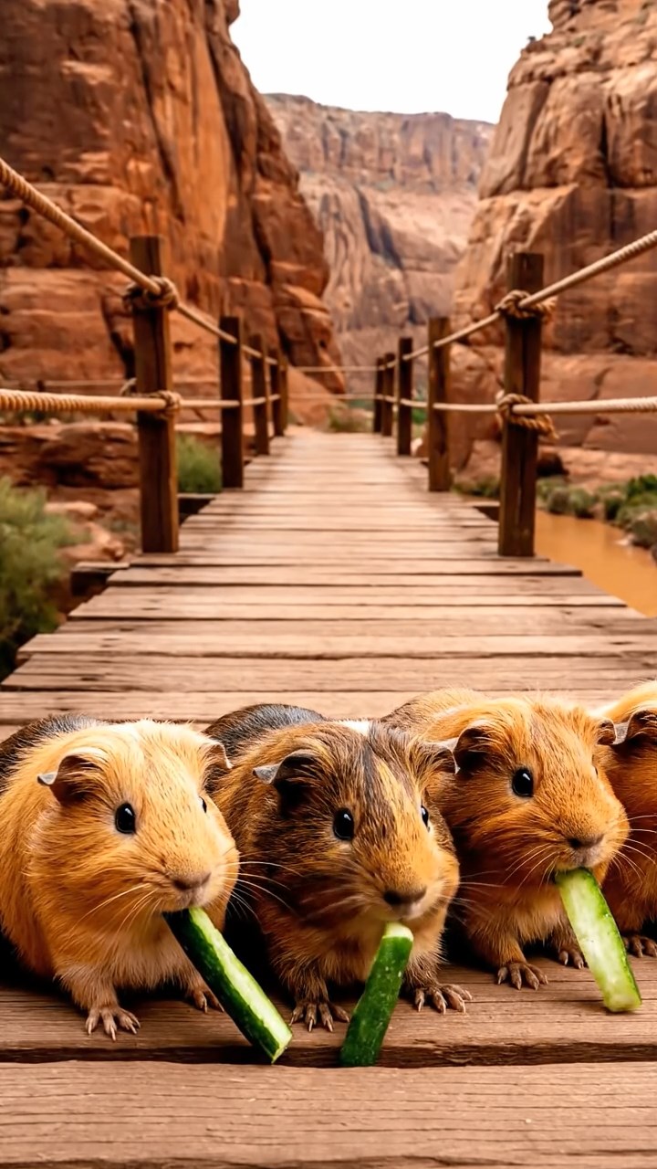 1072. Photorealistic photo of 2 smooth-haired Abyssinian guinea pigs with cinnamon and sable fur, sharing banana slices, inside a ornate Egyptian pyramid burial chamber.