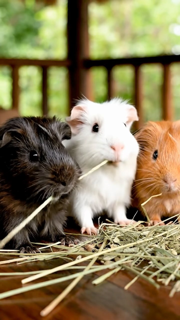 1073. Realistic image of 3 smooth-haired Peruvian guinea pigs with white, orange, and gray fur, munching on spinach leaves, under a lush Sahara desert oasis with date palms.