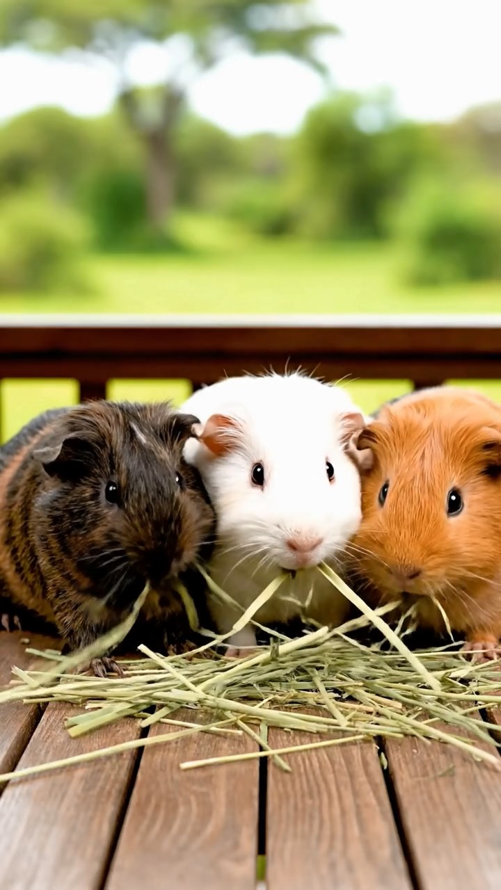 1073. Realistic image of 3 smooth-haired Peruvian guinea pigs with white, orange, and gray fur, munching on spinach leaves, under a lush Sahara desert oasis with date palms.