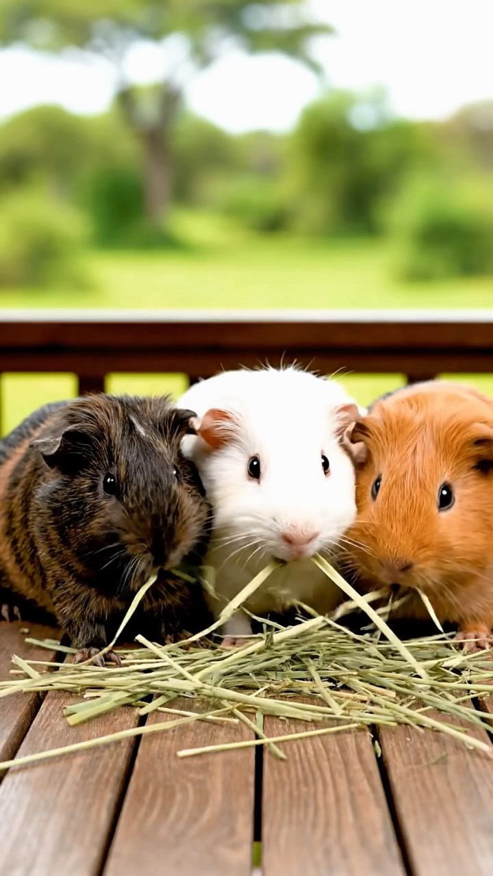 1073. Realistic image of 3 smooth-haired Peruvian guinea pigs with white, orange, and gray fur, munching on spinach leaves, under a lush Sahara desert oasis with date palms.