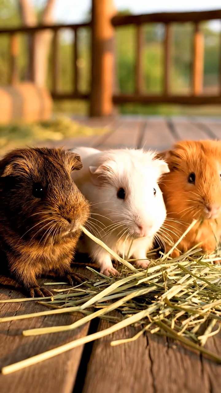 1073. Realistic image of 3 smooth-haired Peruvian guinea pigs with white, orange, and gray fur, munching on spinach leaves, under a lush Sahara desert oasis with date palms.