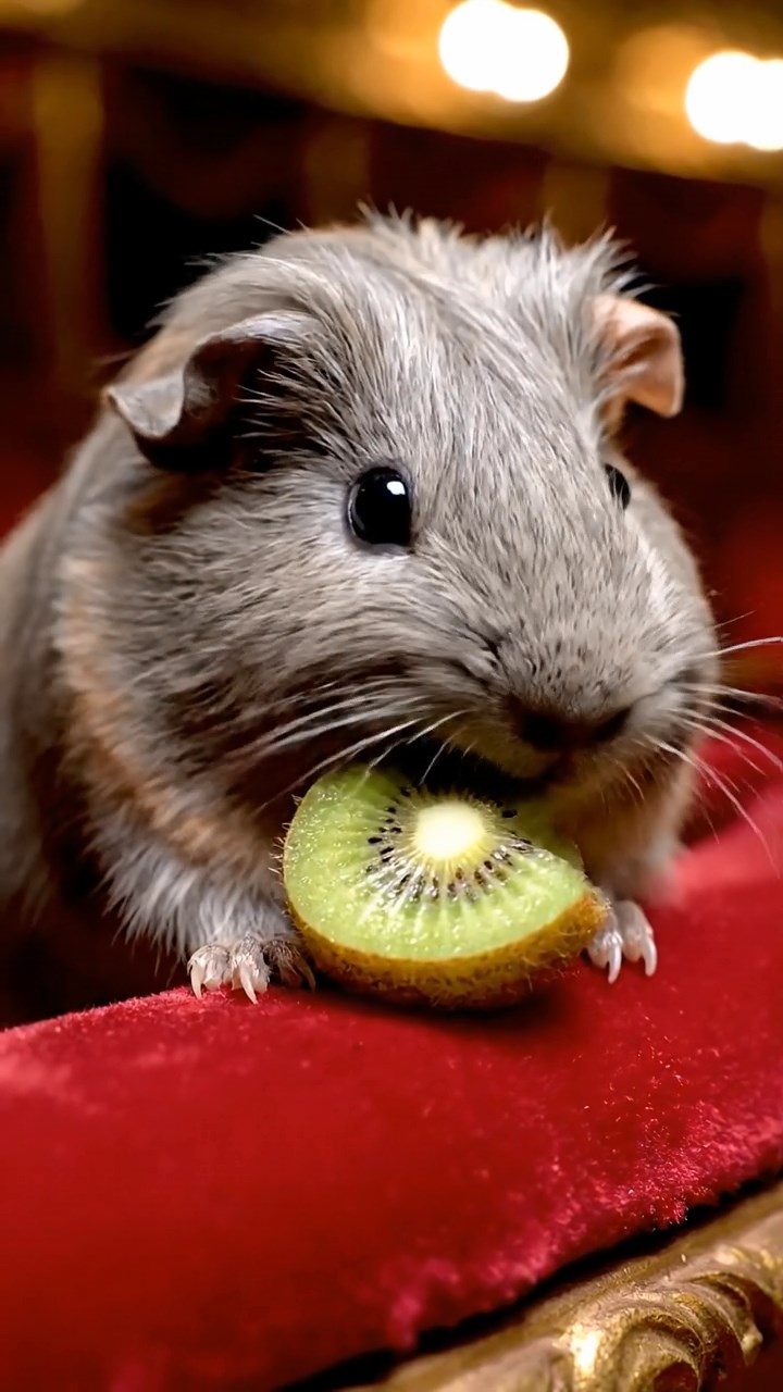 1074. Highly detailed view of 1 smooth-haired Silkie guinea pig with black fur, eating kiwi peels, on a glittering Las Vegas casino slot machine stool.