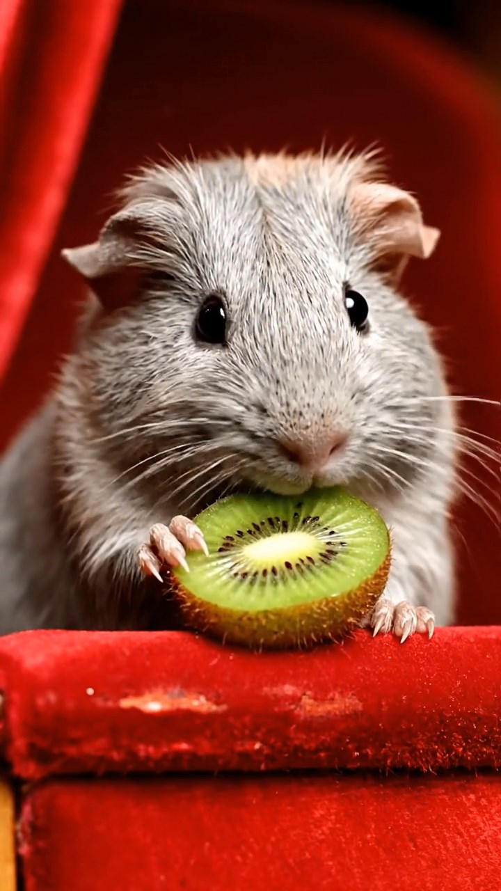 1074. Highly detailed view of 1 smooth-haired Silkie guinea pig with black fur, eating kiwi peels, on a glittering Las Vegas casino slot machine stool.