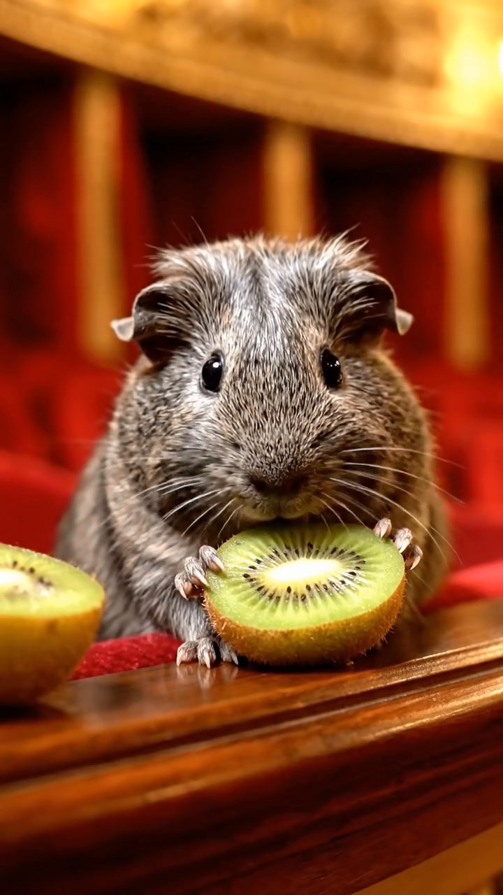 1074. Highly detailed view of 1 smooth-haired Silkie guinea pig with black fur, eating kiwi peels, on a glittering Las Vegas casino slot machine stool.