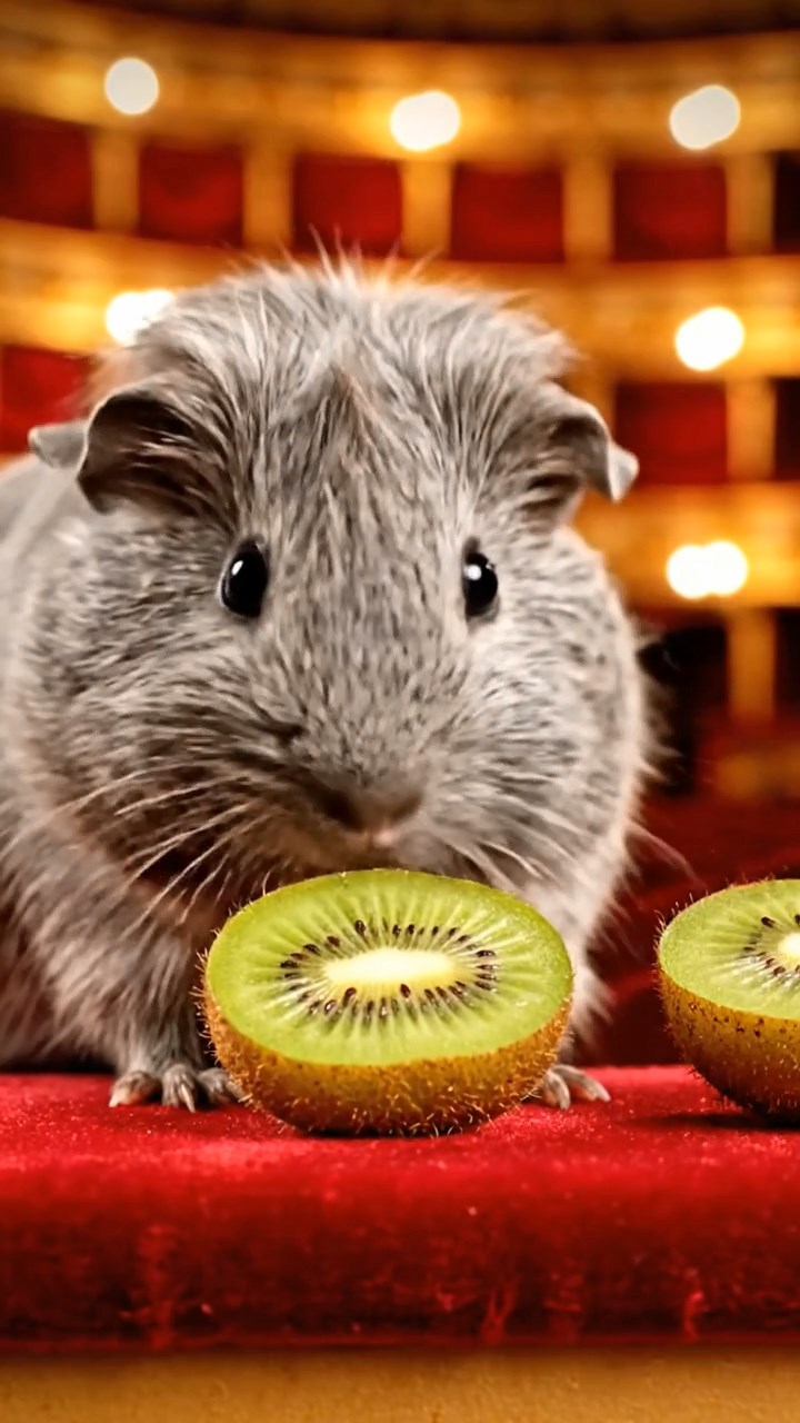 1075. Photorealistic scene of 5 smooth-haired Teddy guinea pigs in brown, cream, and fawn colors, nibbling on pear skins, inside a cozy Aspen ski lift gondola with frosted windows.