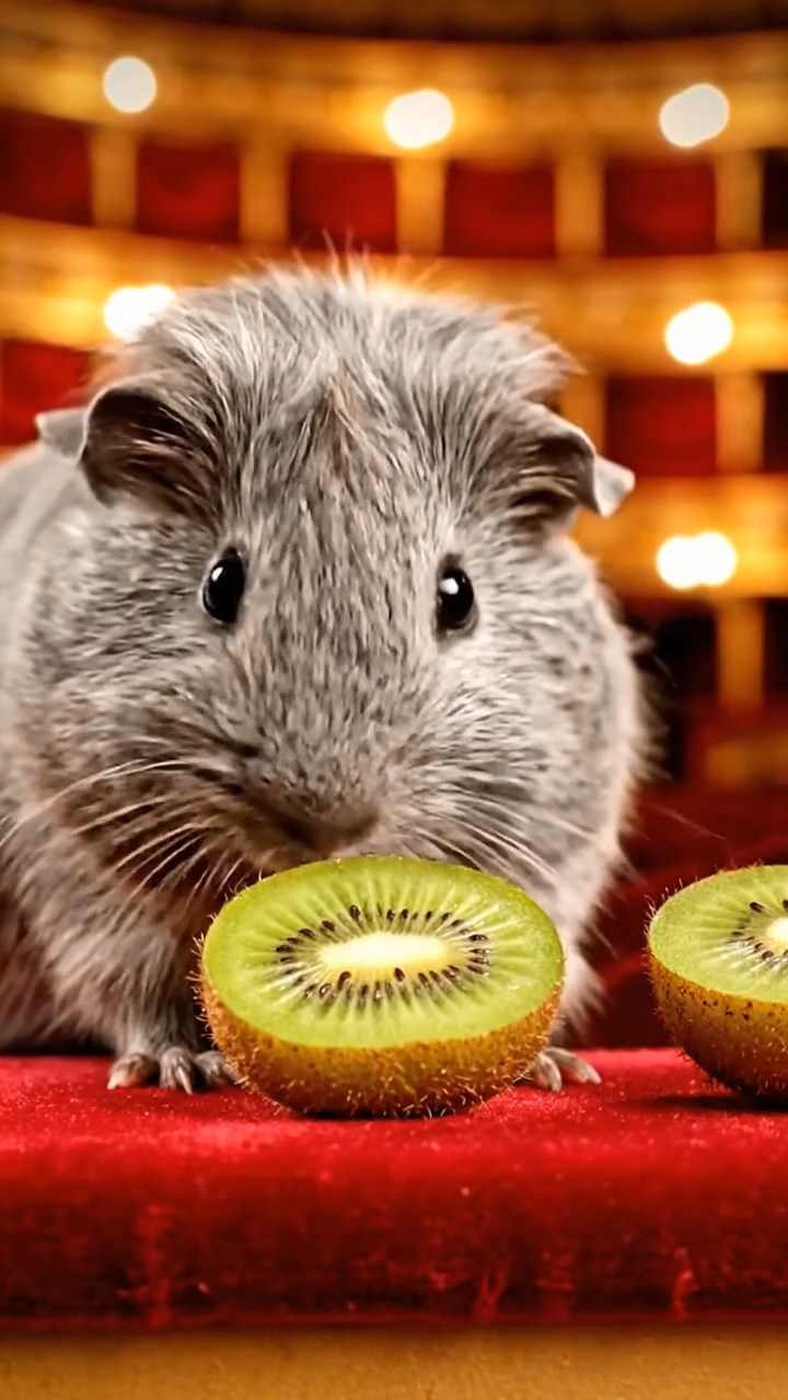 1075. Photorealistic scene of 5 smooth-haired Teddy guinea pigs in brown, cream, and fawn colors, nibbling on pear skins, inside a cozy Aspen ski lift gondola with frosted windows.