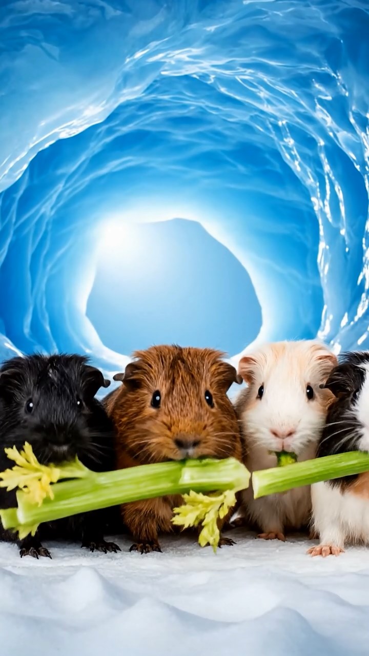 1075. Photorealistic scene of 5 smooth-haired Teddy guinea pigs in brown, cream, and fawn colors, nibbling on pear skins, inside a cozy Aspen ski lift gondola with frosted windows.