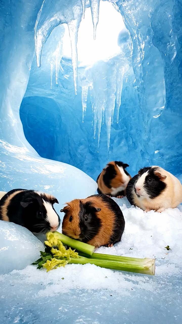 1075. Photorealistic scene of 5 smooth-haired Teddy guinea pigs in brown, cream, and fawn colors, nibbling on pear skins, inside a cozy Aspen ski lift gondola with frosted windows.