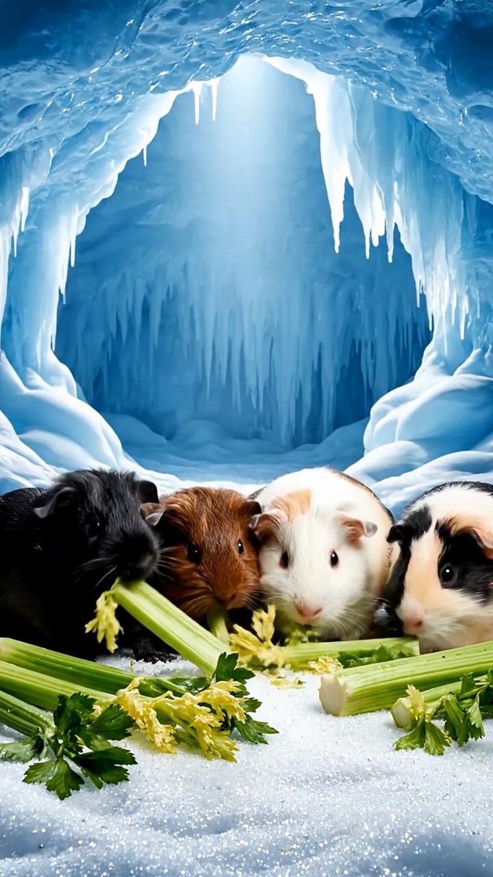 1076. Realistic depiction of 4 smooth-haired Texel guinea pigs with chocolate, cinnamon, and sable fur, chewing on romaine salads, among blooming flowers in a Dutch tulip field greenhouse.