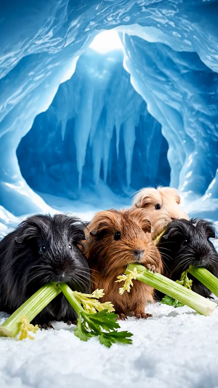 1076. Realistic depiction of 4 smooth-haired Texel guinea pigs with chocolate, cinnamon, and sable fur, chewing on romaine salads, among blooming flowers in a Dutch tulip field greenhouse.