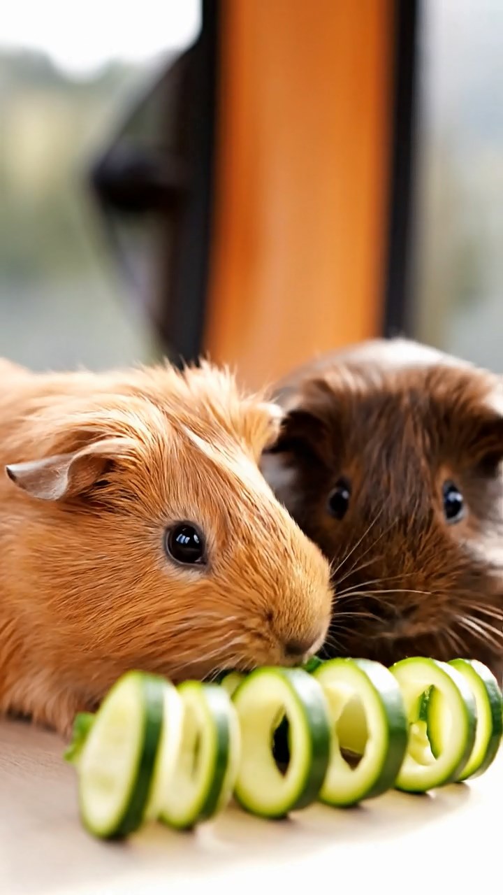 1076. Realistic depiction of 4 smooth-haired Texel guinea pigs with chocolate, cinnamon, and sable fur, chewing on romaine salads, among blooming flowers in a Dutch tulip field greenhouse.