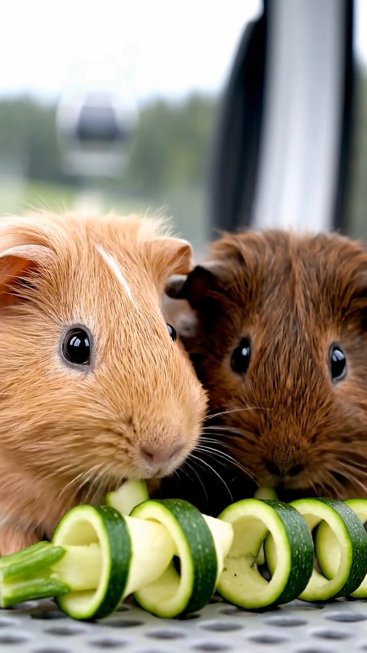1077. Detailed photo of 2 smooth-haired Rex guinea pigs featuring white and orange coats, sharing orange slices, along a tight Utah slot canyon with smooth sandstone walls.