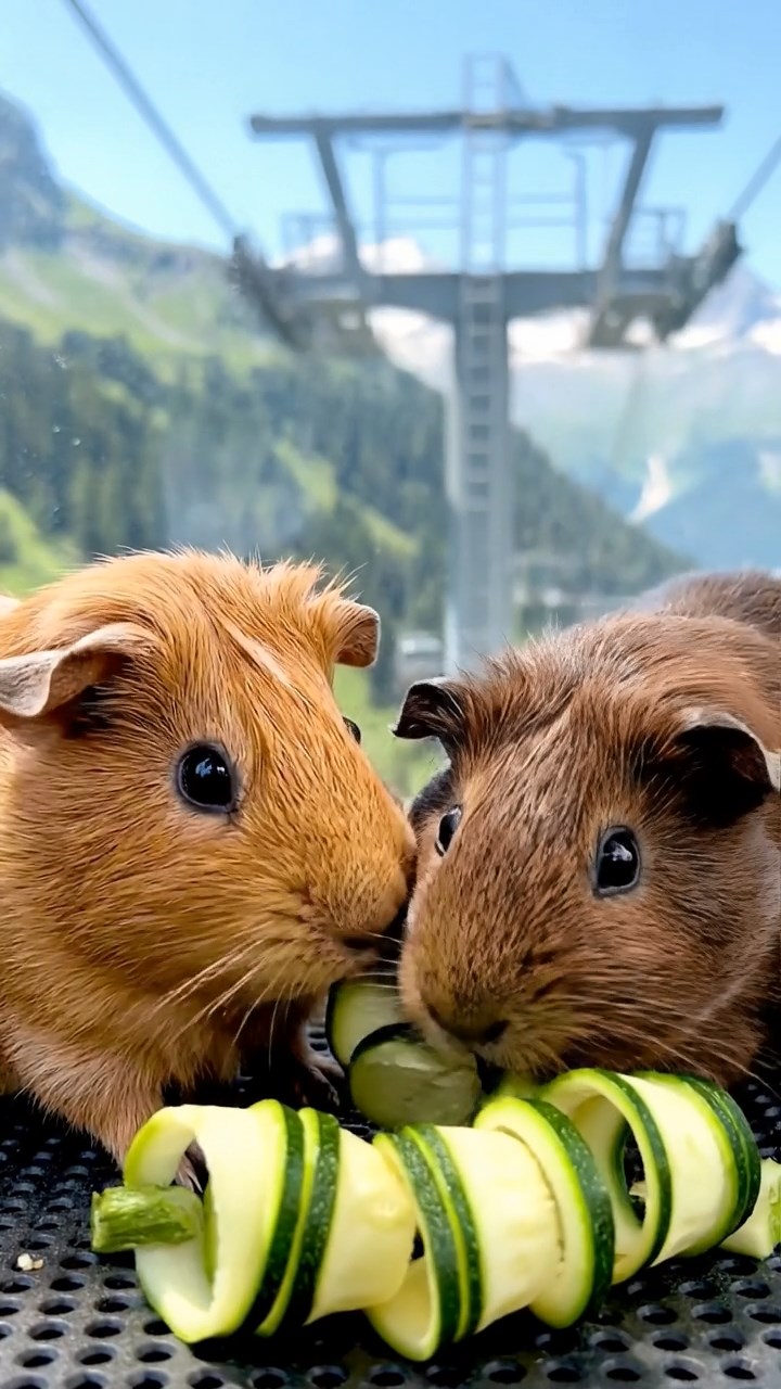 1077. Detailed photo of 2 smooth-haired Rex guinea pigs featuring white and orange coats, sharing orange slices, along a tight Utah slot canyon with smooth sandstone walls.