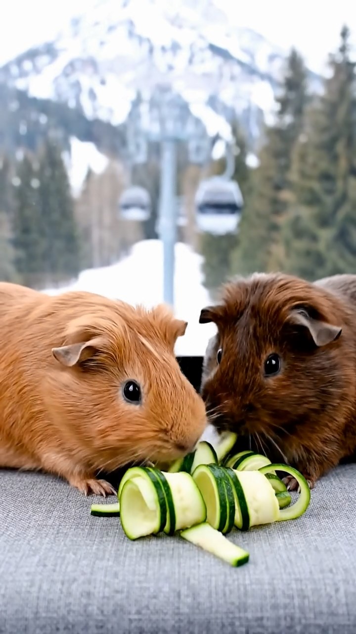 1077. Detailed photo of 2 smooth-haired Rex guinea pigs featuring white and orange coats, sharing orange slices, along a tight Utah slot canyon with smooth sandstone walls.
