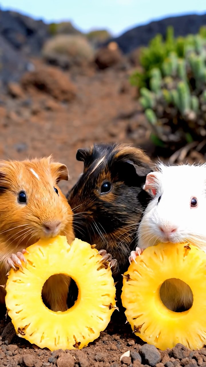1077. Detailed photo of 2 smooth-haired Rex guinea pigs featuring white and orange coats, sharing orange slices, along a tight Utah slot canyon with smooth sandstone walls.