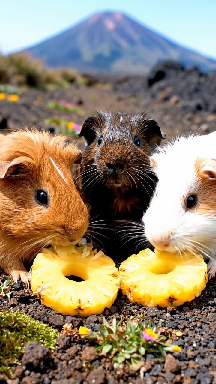 1078. Photorealistic image of 3 smooth-haired Coronet guinea pigs with gray, black, and brown fur, munching on watermelon chunks, on a colorful amusement park carousel horse.