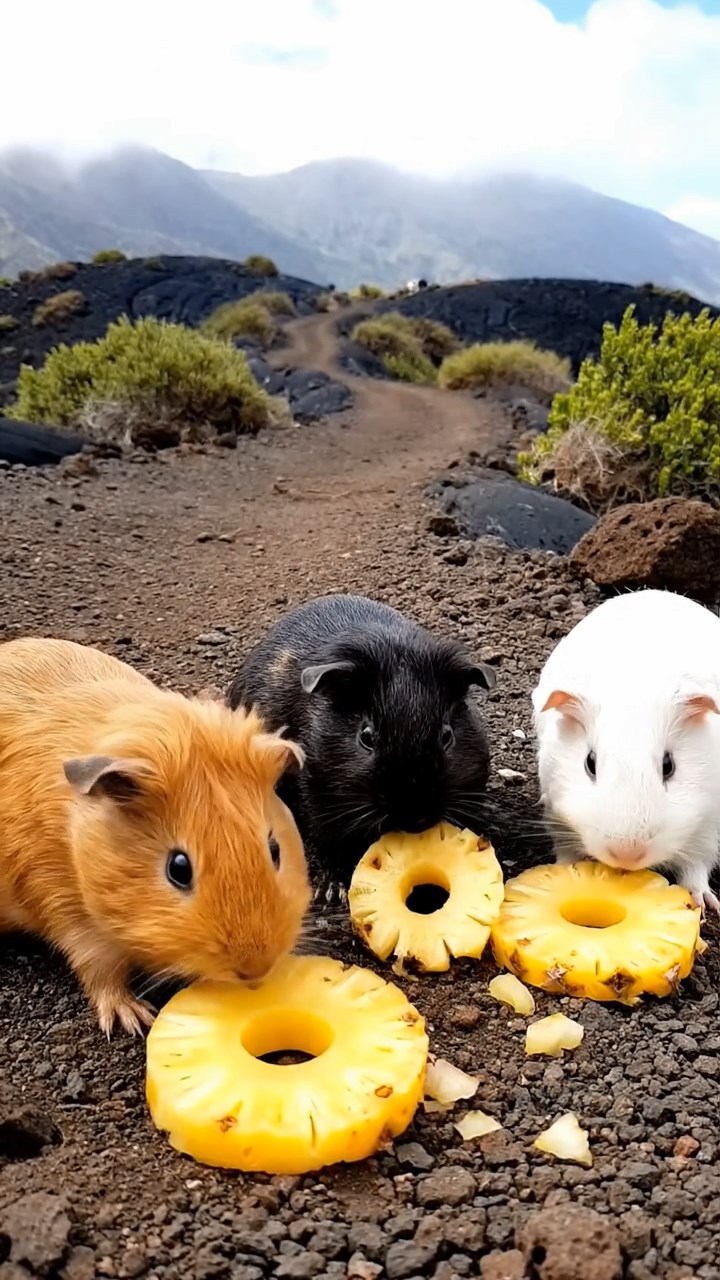 1078. Photorealistic image of 3 smooth-haired Coronet guinea pigs with gray, black, and brown fur, munching on watermelon chunks, on a colorful amusement park carousel horse.