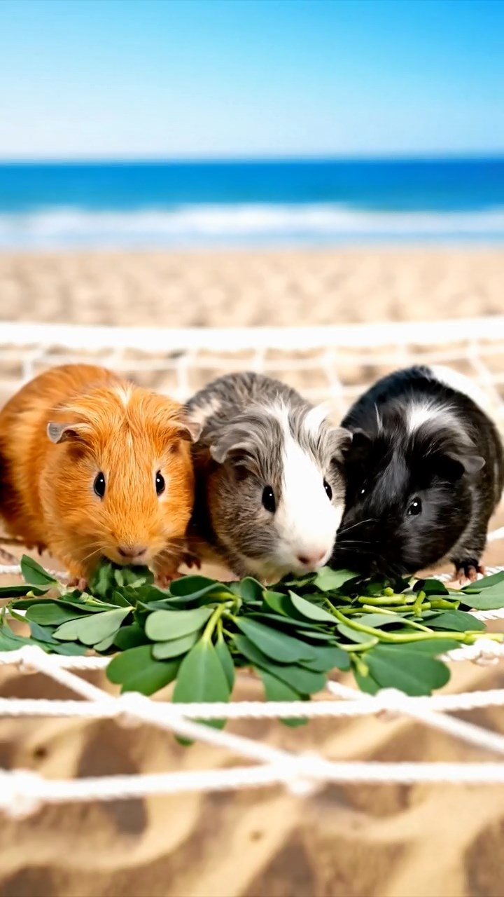 1078. Photorealistic image of 3 smooth-haired Coronet guinea pigs with gray, black, and brown fur, munching on watermelon chunks, on a colorful amusement park carousel horse.